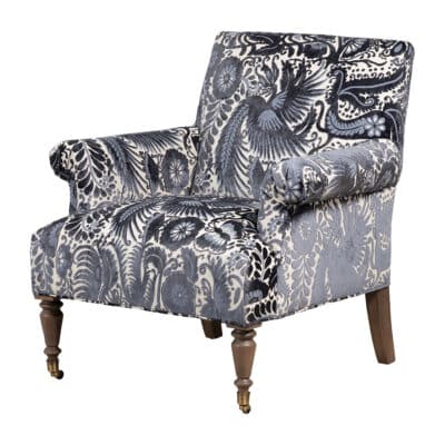 Close-up of Leeves Indigo Floral Upholstered Chair, showcasing rich texture and vibrant pattern.