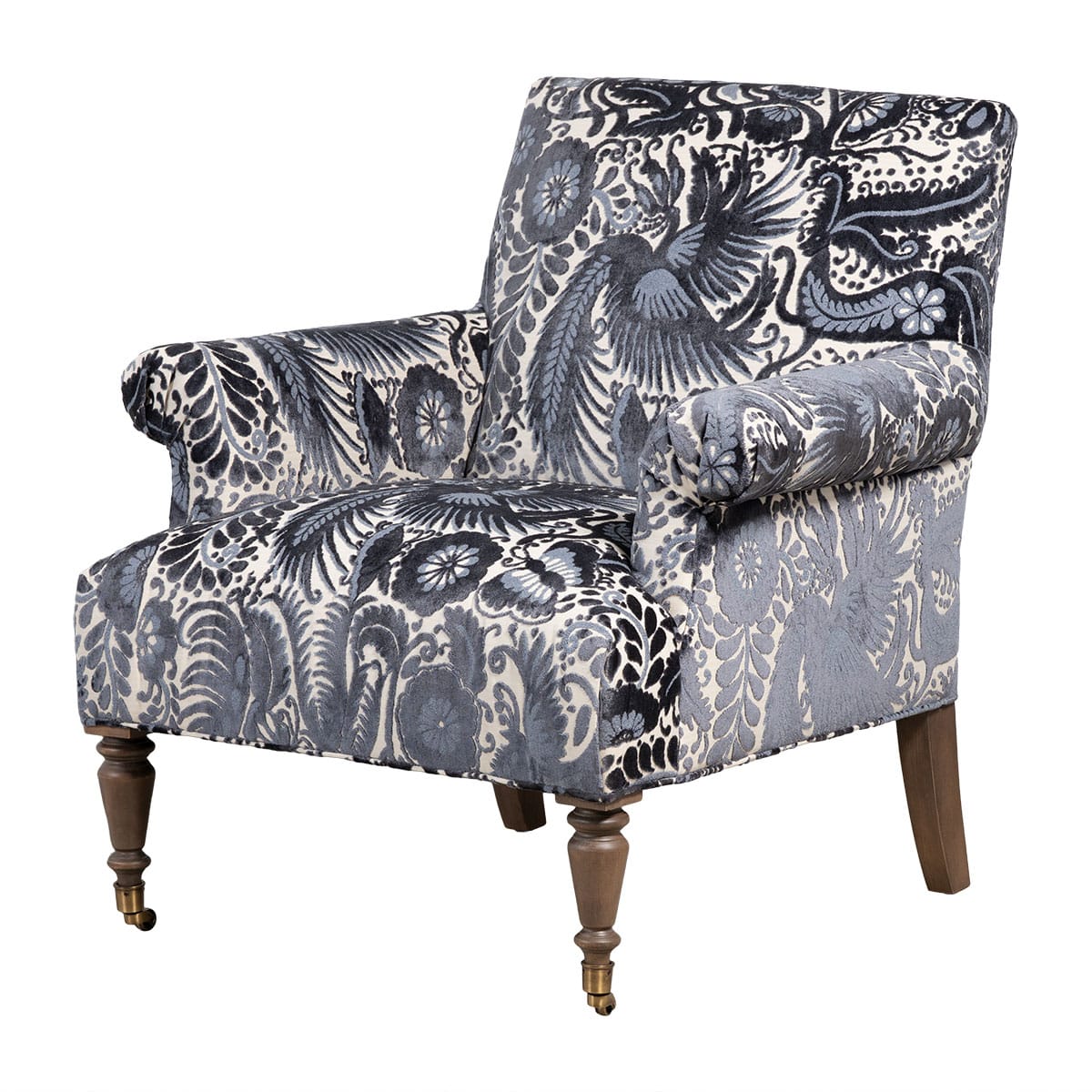 Close-up of Leeves Indigo Floral Upholstered Chair, showcasing rich texture and vibrant pattern.