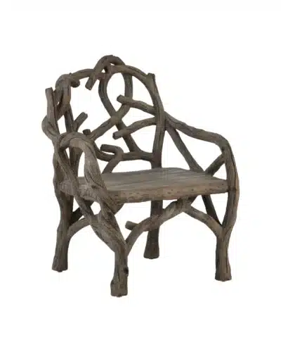 Alt Text: "Front view of Dunmore Faux Bois Chair featuring concrete texture, wrought iron frame, and striated design.