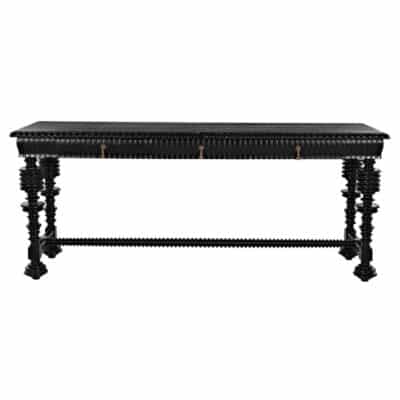 Hand-rubbed black finish Rio console in mahogany, showcasing intricate details from front view.