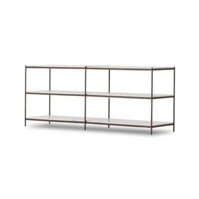 Antiqued brass framed console table with three white marble tiers.