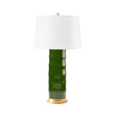 Close-up of Bamboo Motif Ceramic Column Lamp, featuring richly glazed porcelain in dark green with white laminated shade.