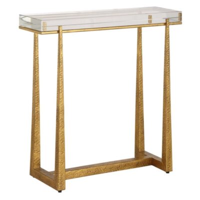 Gold-toned accent table with crystal top, side profile.