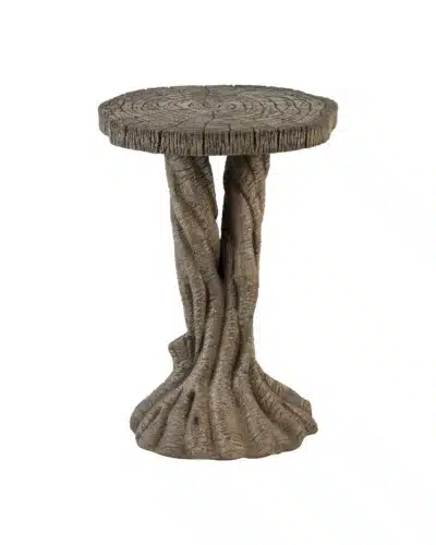 Outdoor Round Dunmore Side Table in Charbon de Bois Finish, Striated Texture, Tree Rings on Top, Root-Like Formations Twisting at Base.