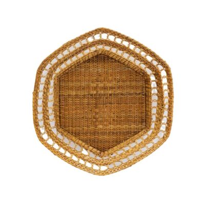 Hexagonal woven basket with intricate design, available in two sizes.