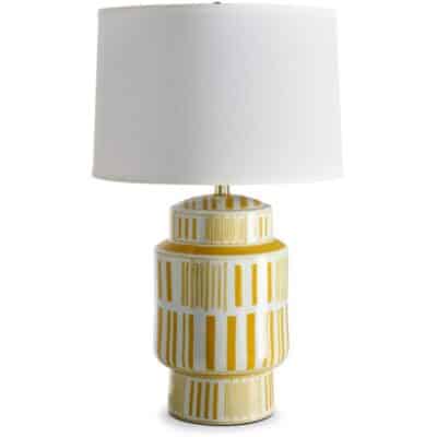 Front view of Marek Ceramic Table Lamp featuring white line shade in yellow green or blue with a 3-way switch and edison