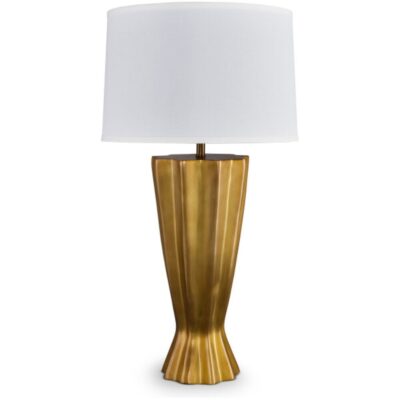 Close-up of Drake Table Lamp with faux antique brass finish on metal and white linen shade.