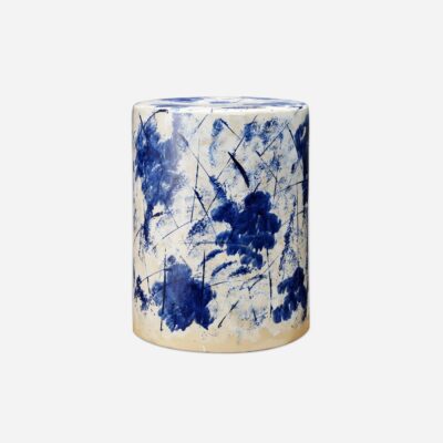 Close-up of Linares Ceramic Stool in Navy Blue and White, showcasing intricate design details.