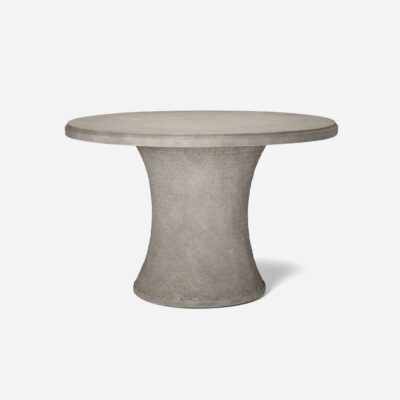 Outdoor Basket Weave Stonecast Dining Table, sturdy and stylish in Cloud Gray or Golden Wheat, perfect for patio dining experiences.