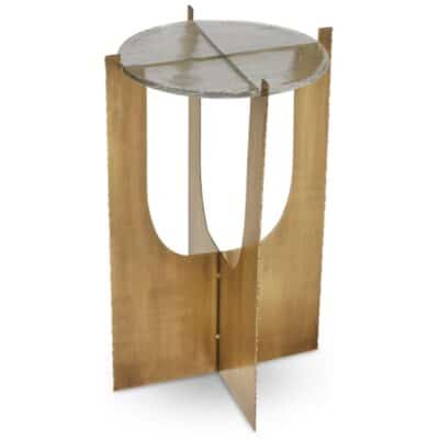 Close-up of Hurley Brutalist Side Table, featuring brass base and etched glass top.