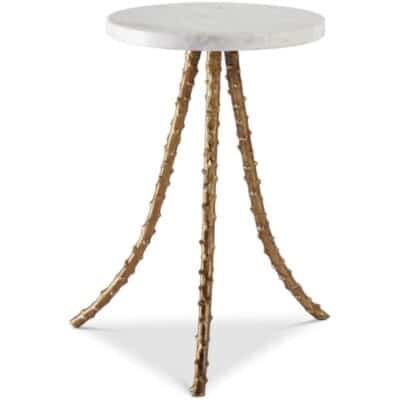 Close-up of Alor Side Table, featuring white marble top on splayed coral-like metal base with Florentine Gold finish.