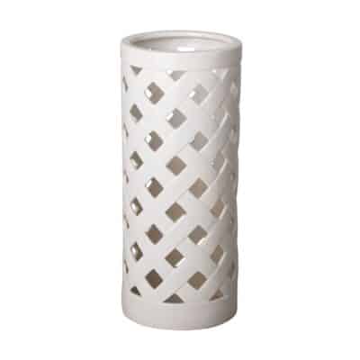 Close-up of Ceramic Criss Cross Umbrella Stand in white, showcasing intricate design.