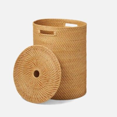 Close-up of Rattan Hamper with Removable Lid, featuring circular hand hold in center.