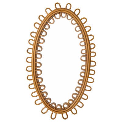 Close-up of oval rattan mirror with scalloped edge, featuring intricate woven pattern.