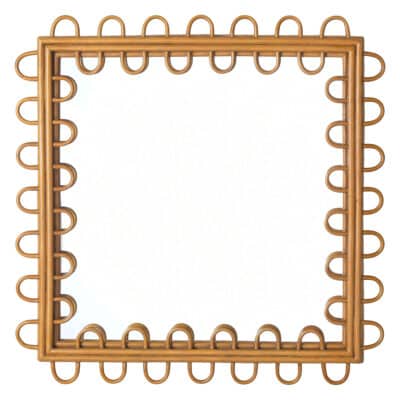 Close-up of Mid-Century Style Square Rattan and Bamboo Mirror with Scalloped Edge.