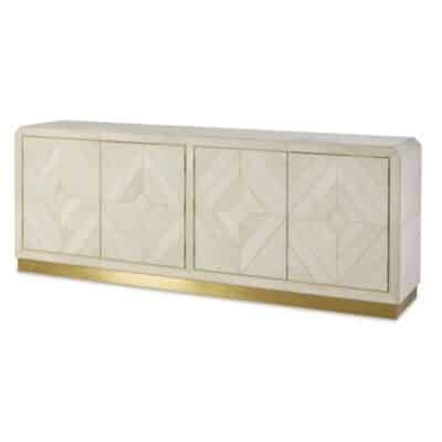 Close-up view of Hair on Hide Diamond Buffet in off white and grey tones featuring a latch door design with brass finished