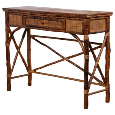 Side view of Emily English Style Console in Antique Tortoise Bamboo with Single Drawer, showcasing rich wood tones and intricate detailing.