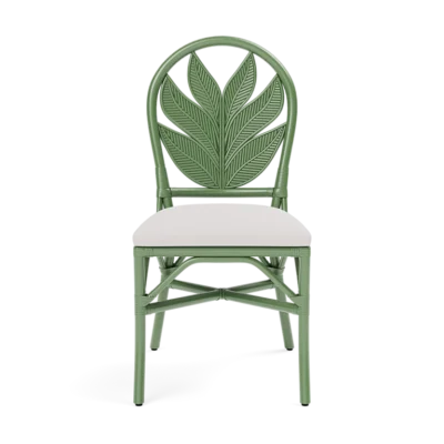 Front view of Carina Dining Chair featuring intricate leaf back in white high performance fabric on polished rattan frame available in green