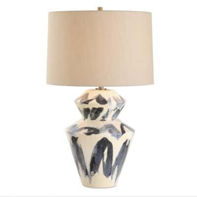 Close-up of Abstract Blue & Cream Ceramic Table Lamp with Off White Linen Shade.
