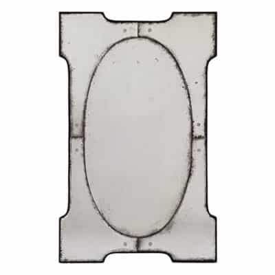 Antiqued mirror with oval inset, featuring a clear reflection and ornate border.