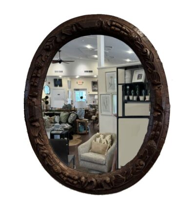 Close-up of French Cluny Dore Carved Wood Mirror, showcasing intricate details and rich walnut finish.