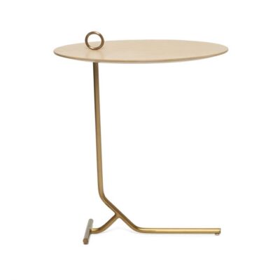 Side view of Oval Modern Drinks Table with golden bronze base and saddle or walnut top.
