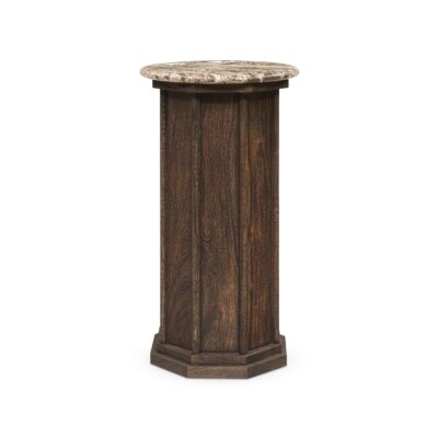 Elegant dark brown acacia wood pedestal side table with unique marble top.