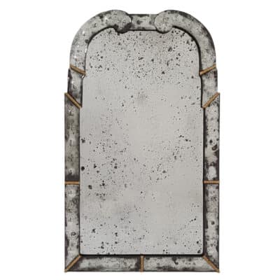 Close-up of Sara Venetian Mirror with heavily antiqued border, inset bubble motif, and delicate X crossed gold band detail.