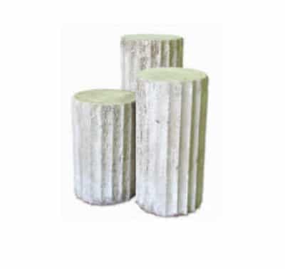 Set of three outdoor fluted columns in gray finish, showcasing variety of sizes and finishes available.