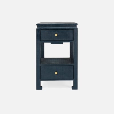 Close-up of Small Wylder High Gloss Nightstand in navy, showcasing angular legs and beveled top.