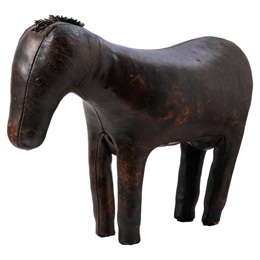 Antique leather horse footstool, aged patina, English circa 1930s.