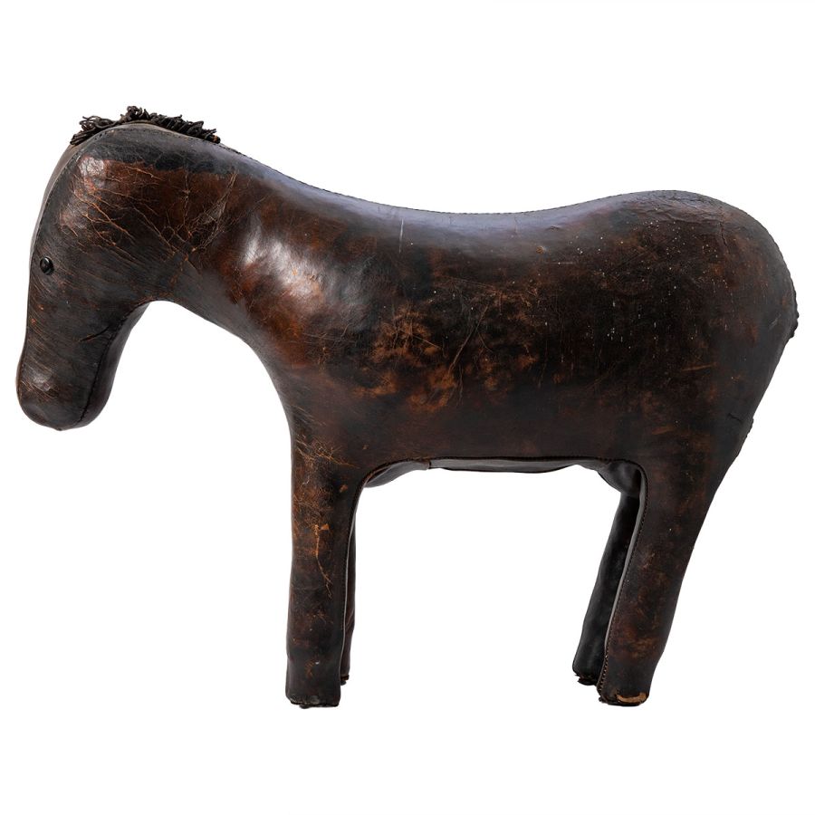 Antique English Leather Horse Footstool, close-up showcasing aged leather and patina finish.