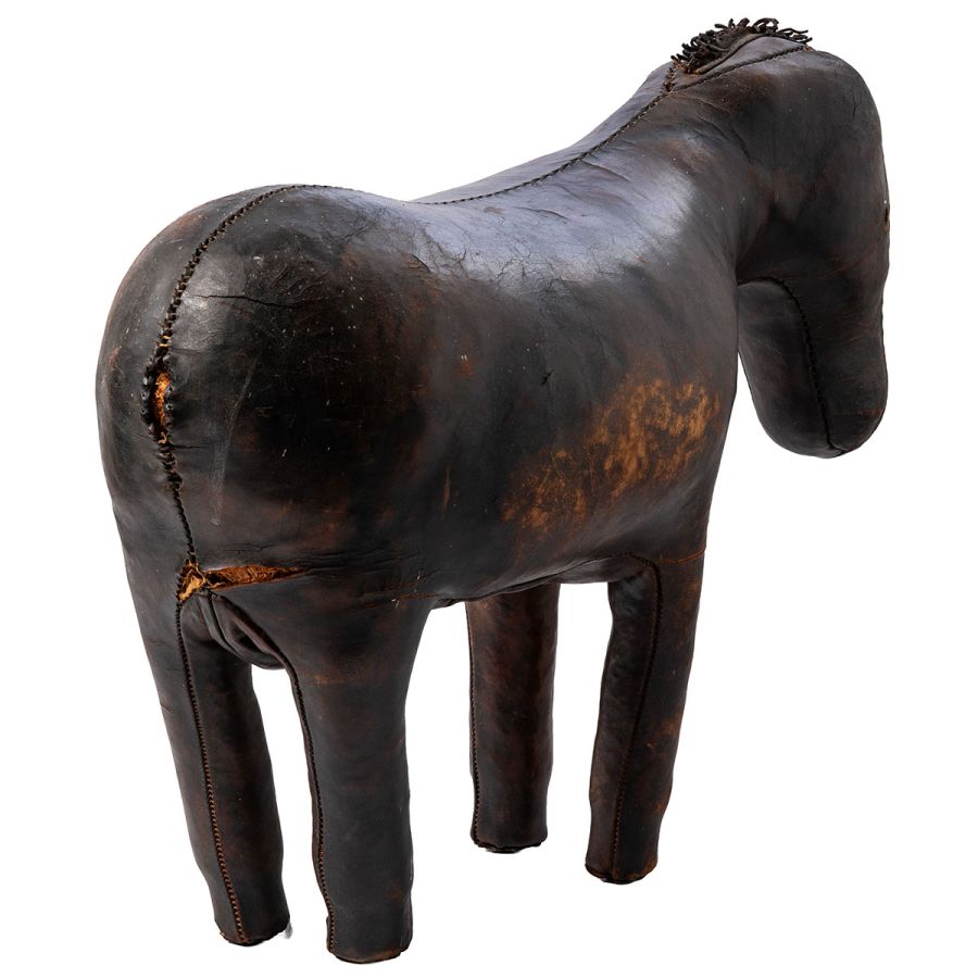 Large antique English leather horse footstool, patina aged, circa 1930s.