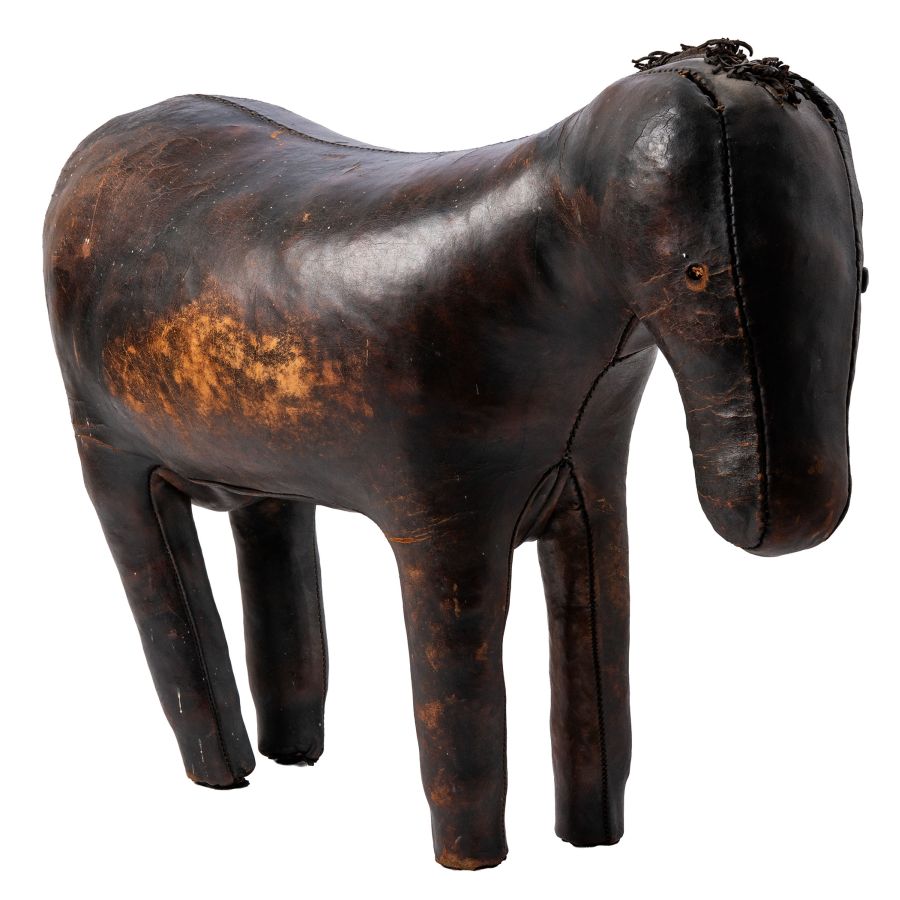 Close-up of Antique English Leather Horse Footstool featuring aged leather and patina, circa 1930s.
