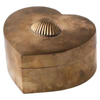 Front view of vintage brass heart box with shell decor.
