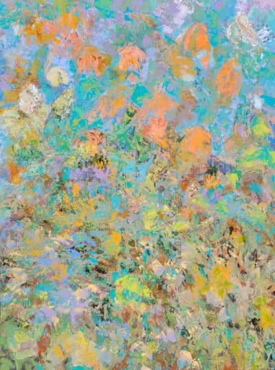 Bright floral art piece in vibrant hues, showcasing a close-up perspective.