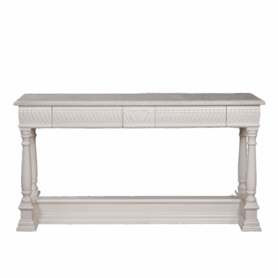 Elegant carved wood console with alabaster marble top and hidden drawers.