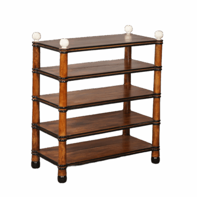 Five-tier table in black and cream, showcasing intricate details with bone knobs.