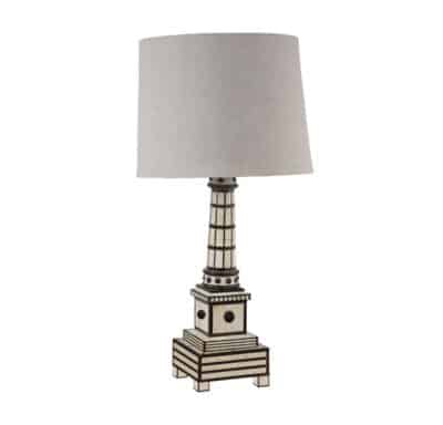 Close-up of Black and Ivory Bone Inlaid Table Lamp on Multi Tiered Plinth Base with Square Feet.