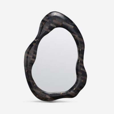 Asymmetrical mirror with petrified wood frame in dark finish.