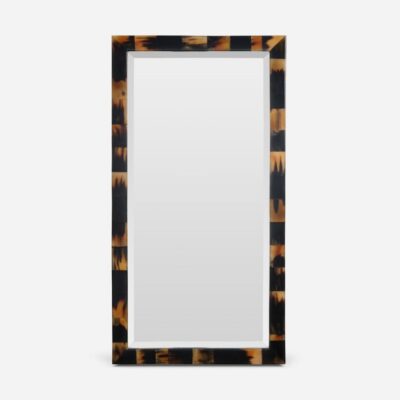 A wall-mounted Everson Horn Mirror featuring dark semi-gloss horn variations on its frame, displayed in a close-up front view.