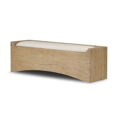 Oak storage bench with upholstered top, showcasing natural wood texture and oatmeal fabric.