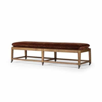 The alt text for this image is Six-Leg Bench in Sienna Chenille featuring an Ash Base and Aged Brass Metal Casters available
