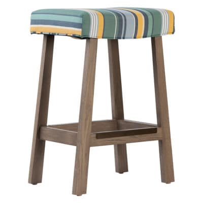 Striped upholstered stool in vibrant colors, showcasing Meadow Dune fabric on a dark wood frame.