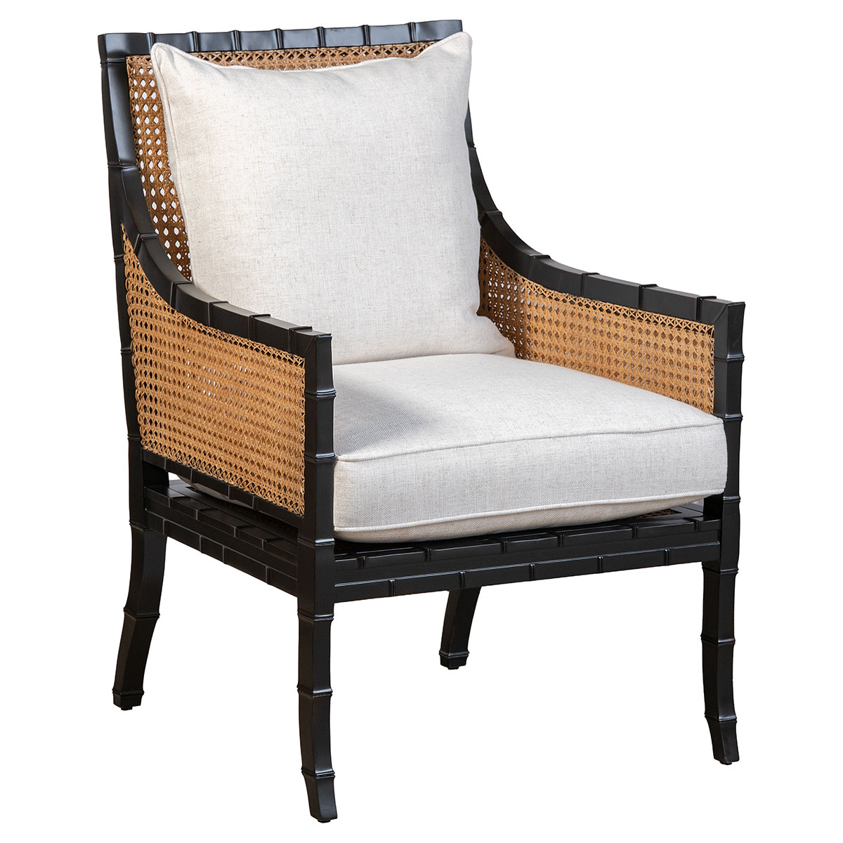 Close-up of Beau Chair featuring black mahogany double caned frame and upholstered cushion, showcasing elegance and comfort.