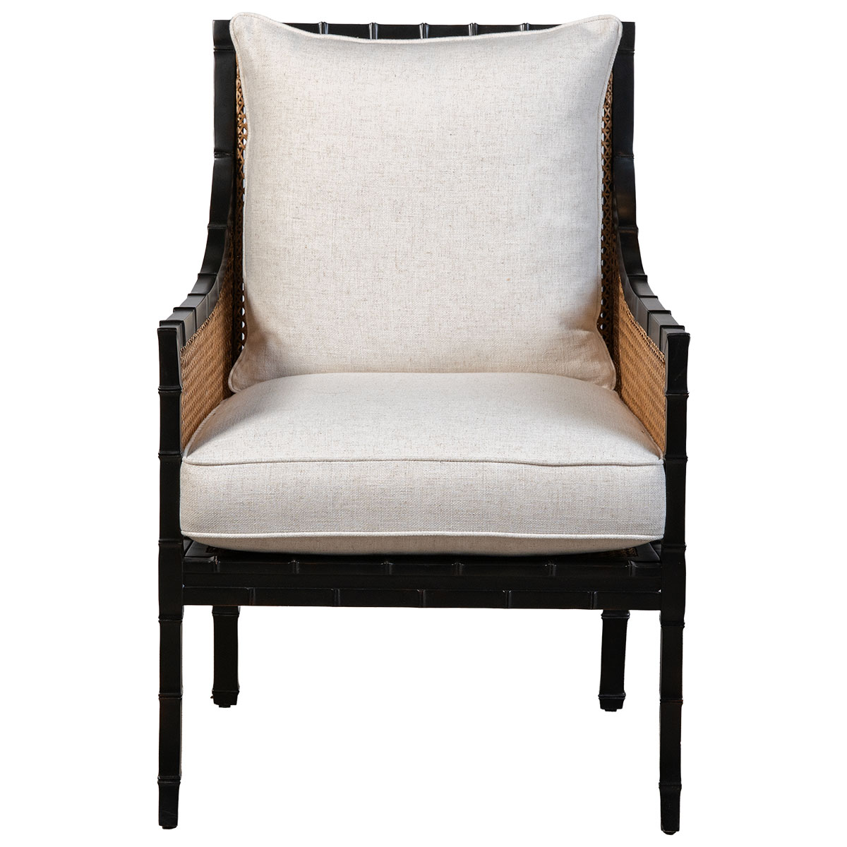 Close-up of Beau Chair with black mahogany frame, double caned design, and upholstered cushion.