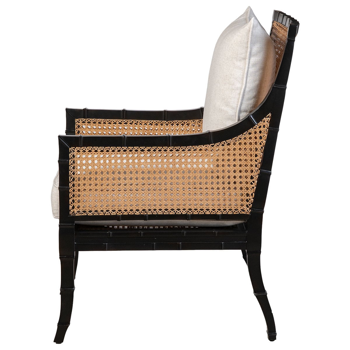 Close-up of Beau Black Mahogany Chair with Double Caned Frame and Upholstered Cushion.