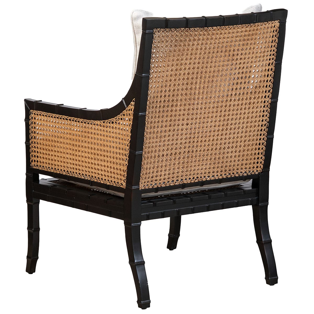 Close-up of Beau Black Mahogany Arm Chair with Double Caned Frame and Upholstered Cushion.