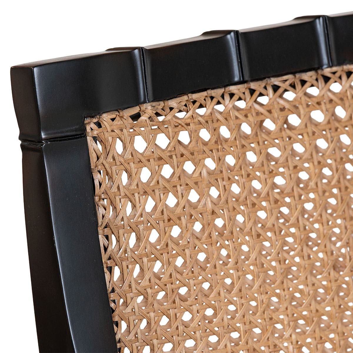 Close-up of Beau Chair in black mahogany, featuring elegant double caned frame and upholstered cushion.