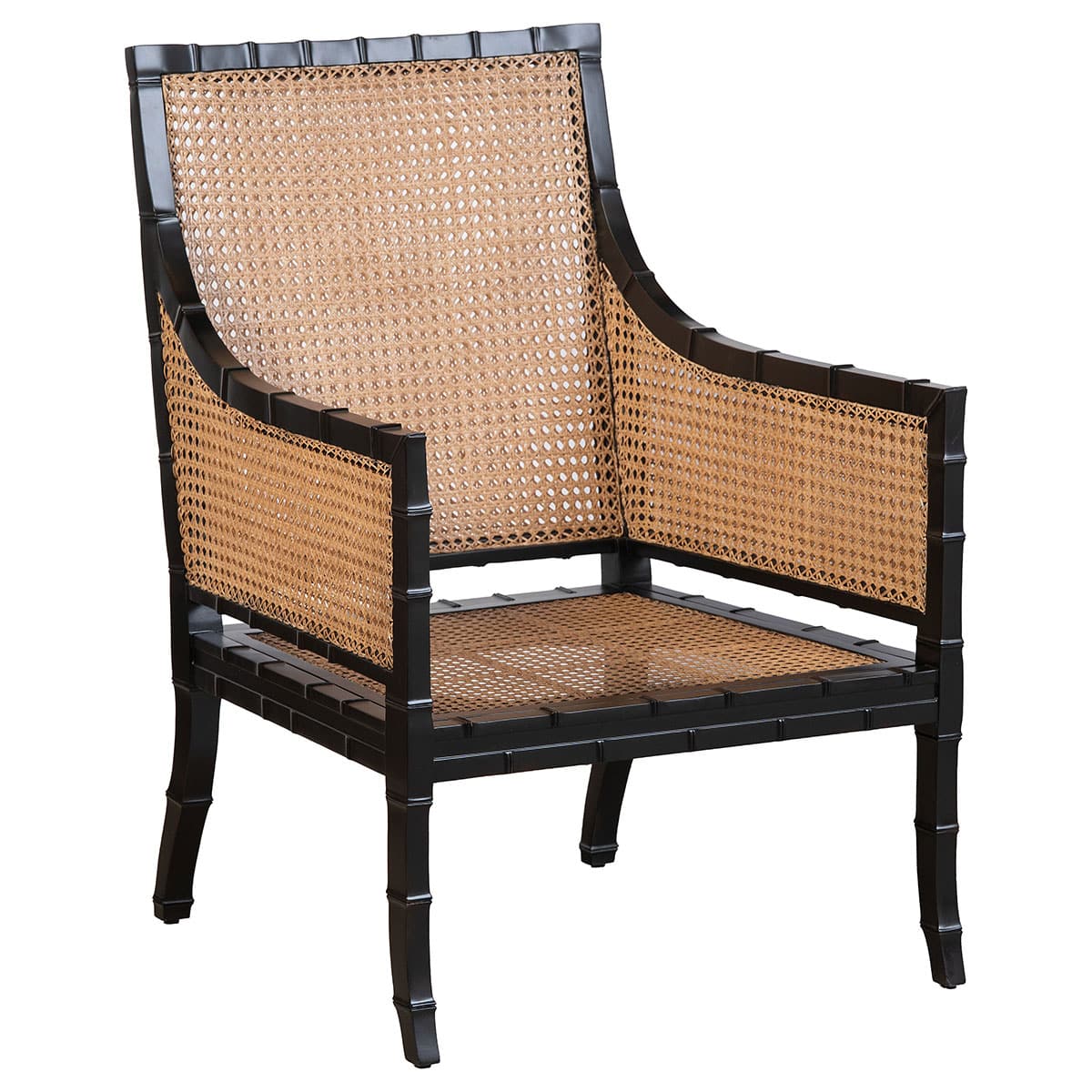 Close-up of Beau Chair in black mahogany, featuring double caned frame and upholstered cushion.